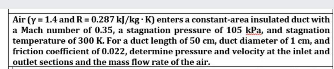 Air (y = 1.4 andR= 0.287 kJ/kg ·K) enters a constant-area insulated duct with
a Mach number of 0.35, a stagnation pressure of 105 kPa, and stagnation
temperature of 300 K. For a duct length of 50 cm, duct diameter of 1 cm, and
friction coefficient of 0.022, determine pressure and velocity at the inlet and
outlet sections and the mass flow rate of the air.
