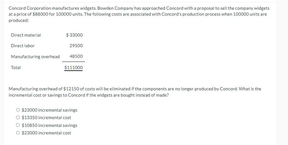 Concord Corporation manufactures widgets. Bowden Company has approached Concord with a proposal to sell the company widgets
at a price of $88000 for 100000 units. The following costs are associated with Concord's production process when 100000 units are
produced:
Direct material
Direct labor
Manufacturing overhead
Total
$ 33000
29500
48500
$111000
Manufacturing overhead of $12150 of costs will be eliminated if the components are no longer produced by Concord. What is the
incremental cost or savings to Concord if the widgets are bought instead of made?
$23000 incremental savings
$13350 incremental cost
$10850 incremental savings
$23000 incremental cost
