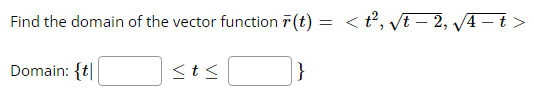 Find the domain of the vector function r(t) = < t², √t - 2, √/4 - t >
}
Domain: {t
<t<