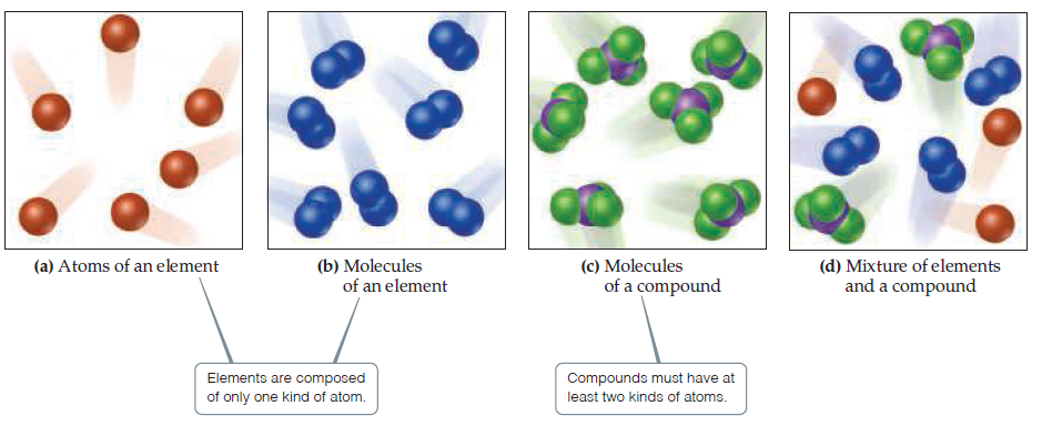 (b) Molecules
of an element
(a) Atoms of an element
(d) Mixture of elements
and a compound
(c) Molecules
of a compound
Elements are composed
Compounds must have at
of only one kind of atom.
least two kinds of atoms.
