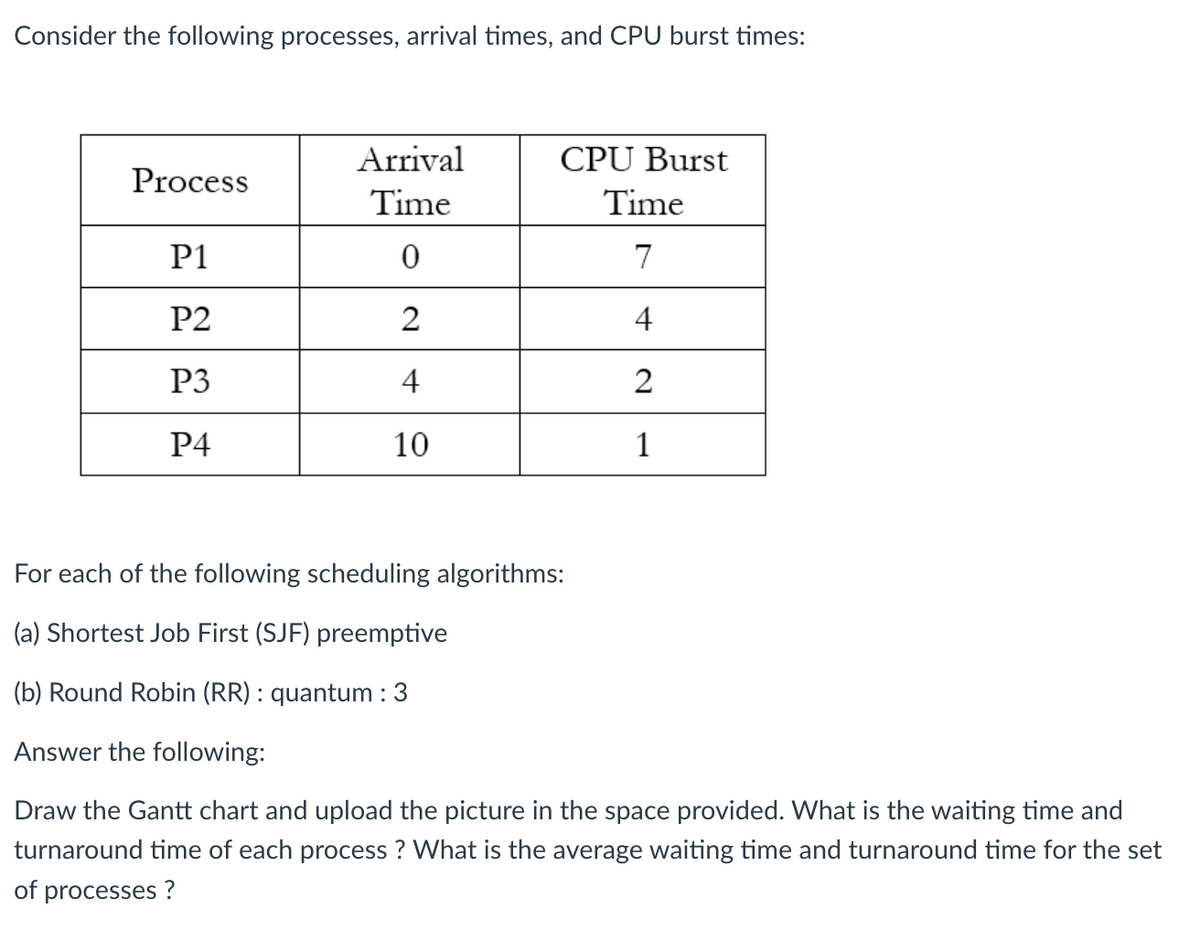 Consider the following processes, arrival times, and CPU burst times:
Arrival
CPU Burst
Process
Time
Time
P1
0
7
P2
2
4
P3
4
2
P4
10
1
For each of the following scheduling algorithms:
(a) Shortest Job First (SJF) preemptive
(b) Round Robin (RR): quantum : 3
Answer the following:
Draw the Gantt chart and upload the picture in the space provided. What is the waiting time and
turnaround time of each process? What is the average waiting time and turnaround time for the set
of processes?