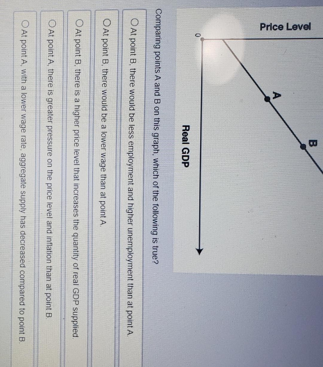 Price Level
0
A
B
Real GDP
Comparing points A and B on this graph, which of the following is true?
O At point B, there would be less employment and higher unemployment than at point A.
O At point B, there would be a lower wage than at point A.
O At point B, there is a higher price level that increases the quantity of real GDP supplied.
O At point A, there is greater pressure on the price level and inflation than at point B.
O At point A, with a lower wage rate, aggregate supply has decreased compared to point B.