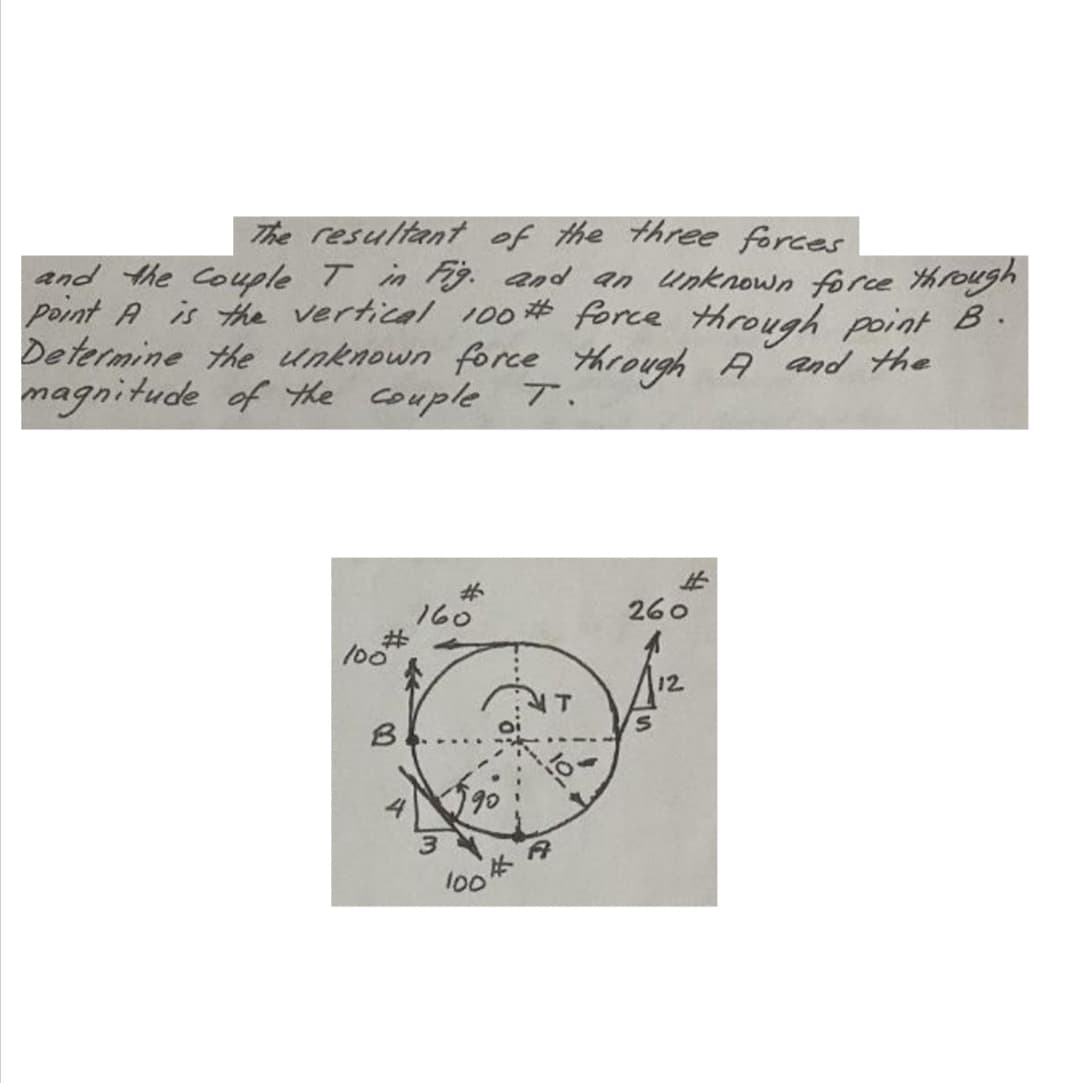 The resultant of the three forces
and the Couple T in Fig. and an Unknown force through
point A is the vertical 100 # force through point B.
Determine the unknown force through A and the
magnitude of the couple T.
