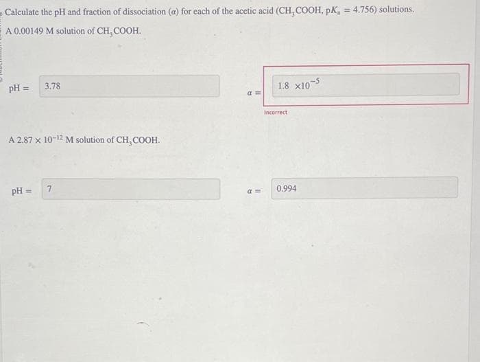 Calculate the pH and fraction of dissociation (a) for each of the acetic acid (CH, COOH, pK, = 4.756) solutions.
A 0.00149 M solution of CH, COOH.
pH =
3.78
A 2.87 x 10-¹2 M solution of CH, COOH.
pH =
7
a =
a=
1.8 x10-5
Incorrect
0.994