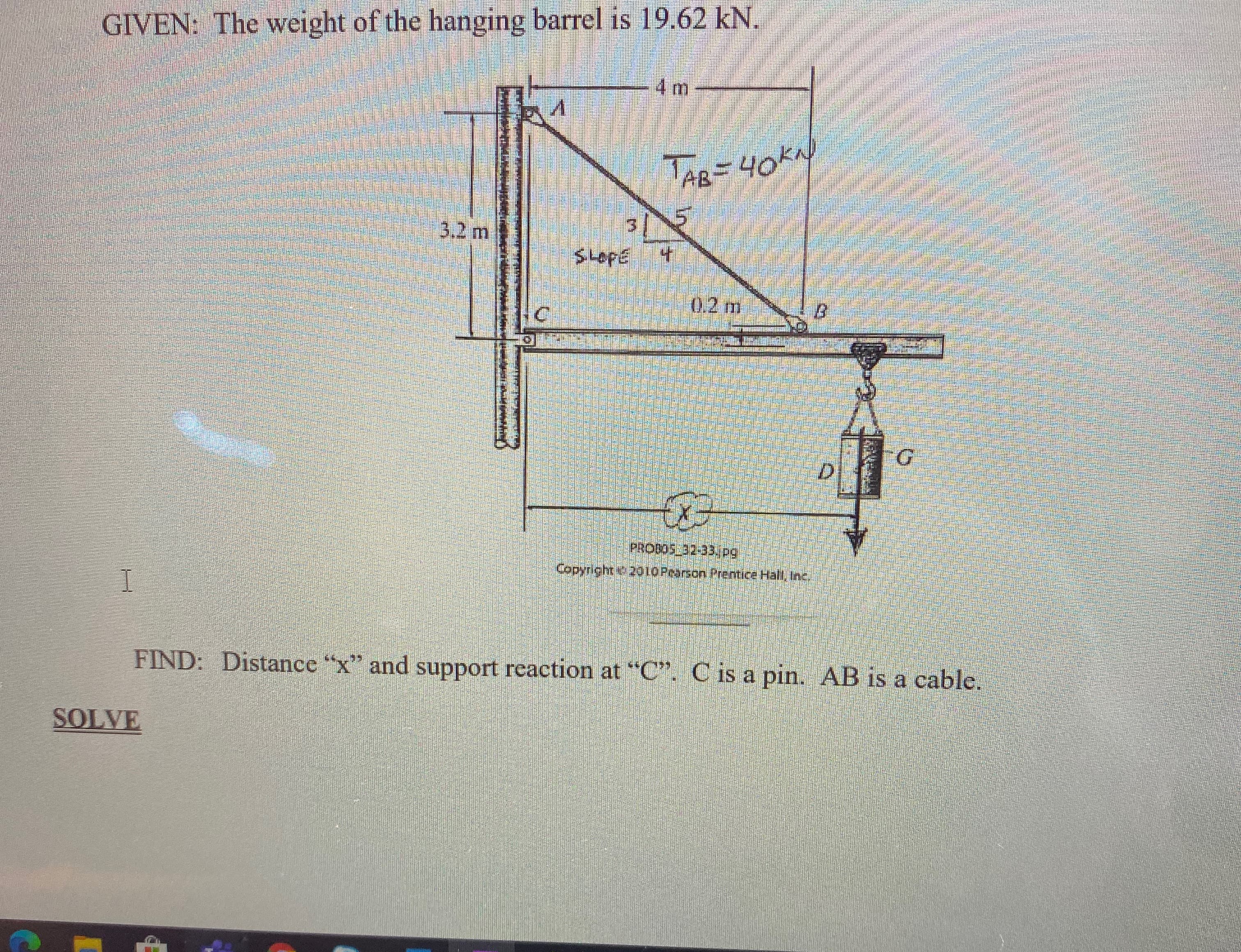 GIVEN: The weight of the hangıng barrel is 19.62 kN.
