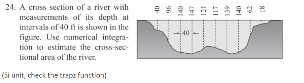 24. A cross section of a river with
measurements of its depth at
intervals of 40 ft is shown in the
figure. Use numerical integra-
tion to estimate the cross-sec-
tional area of the river.
(Si unit, check the trapz function)
40