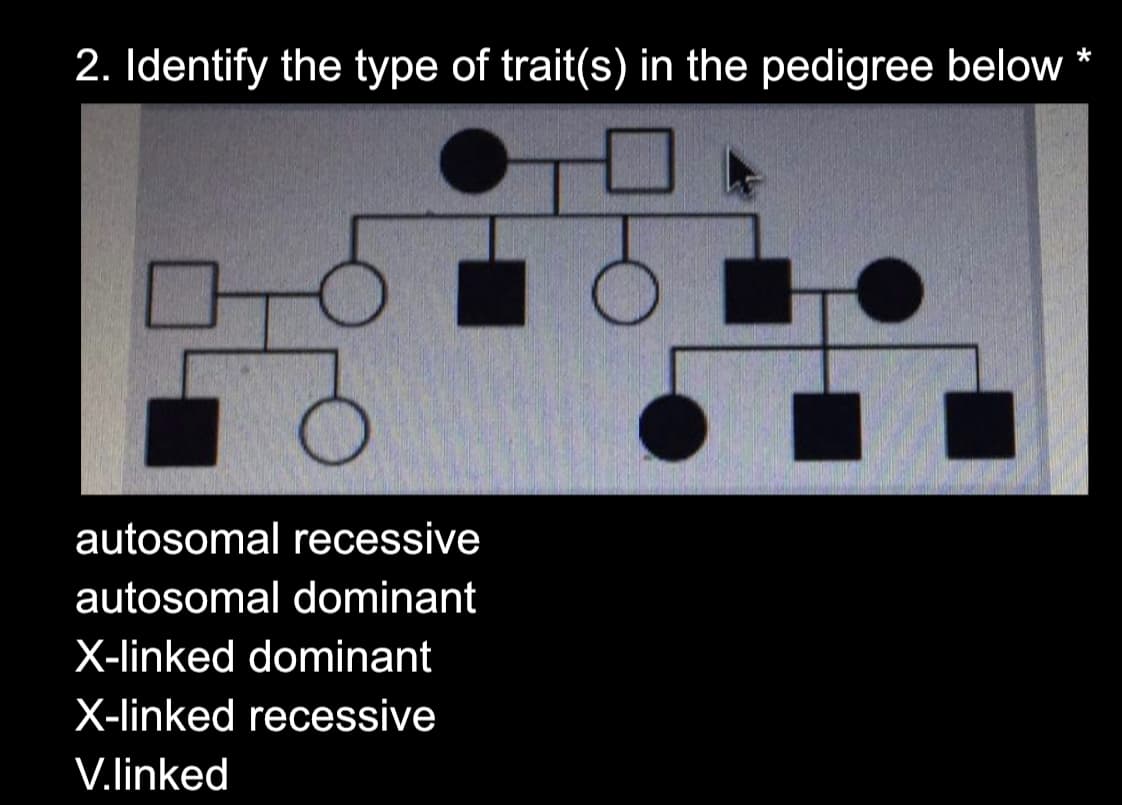 2. Identify the type of trait(s) in the pedigree below
*
autosomal recessive
autosomal dominant
X-linked dominant
X-linked recessive
V.linked
