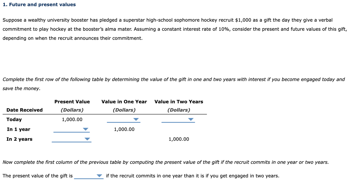 1. Future and present values
Suppose a wealthy university booster has pledged a superstar high-school sophomore hockey recruit $1,000 as a gift the day they give a verbal
commitment to play hockey at the booster's alma mater. Assuming a constant interest rate of 10%, consider the present and future values of this gift,
depending on when the recruit announces their commitment.
Complete the first row of the following table by determining the value of the gift in one and two years with interest if you become engaged today and
save the money.
Date Received
Today
In 1 year
In 2 years
Present Value
(Dollars)
1,000.00
Value in One Year
(Dollars)
The present value of the gift is
1,000.00
Value in Two Years
(Dollars)
1,000.00
Now complete the first column of the previous table by computing the present value of the gift if the recruit commits in one year or two years.
if the recruit commits in one year than it is if you get engaged in two years.