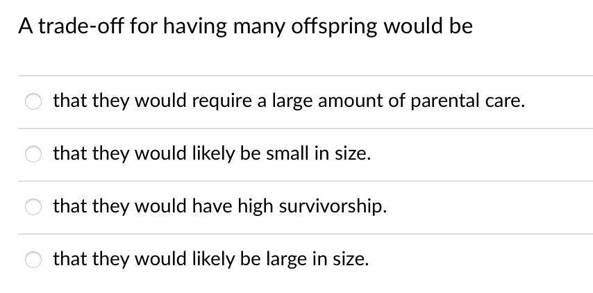 A trade-off for having many offspring would be
that they would require a large amount of parental care.
that they would likely be small in size.
that they would have high survivorship.
that they would likely be large in size.