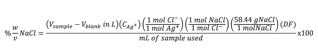 mol Nacl) (58.44 gNaCl`
(Vsample – Vblank in L)(Co+)(mol CI-
1 molNaCl ) (DF)
-x100
w
%-Nacl =
Ag*)(1mol Cl-
mL of sample used
