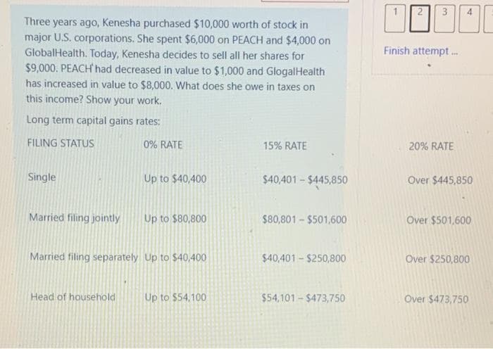 4
Three years ago, Kenesha purchased $10,000 worth of stock in
major U.S. corporations. She spent $6,000 on PEACH and $4,000 on
GlobalHealth. Today, Kenesha decides to sell all her shares for
$9,000. PEACH had decreased in value to $1,000 and GlogalHealth
has increased in value to $8,000. What does she owe in taxes on
this income? Show your work.
Finish attempt..
Long term capital gains rates:
FILING STATUS
0% RATE
15% RATE
20% RATE
Single
Up to $40,400
$40,401-$445,850
Over $445,850
Married filing jointly
Up to $80,800
$80,801 - $501,600
Over $501,600
Married filing separately Up to $40,400
$40,401-$250,800
Over $250,800
Head of household
Up to $54,100
$54,101 - $473,750
Over $473,750
