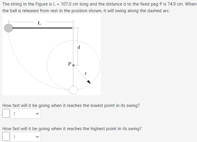 The string in the Figure is L = 107.0 cm long and the distance d to the fixed peg P is 74.9 cm. When
the ball is released from rest in the position shown, it will swing along the dashed arc.
L
P
d
How fast will it be going when it reaches the lowest point in its swing?
?
How fast will it be going when it reaches the highest point in its swing?
?