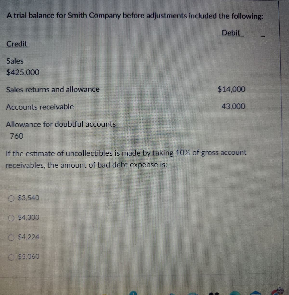 A trial balance for Smith Company before adjustments included the following:
Credit
Sales
$425,000
Sales returns and allowance
Accounts receivable
Allowance for doubtful accounts
760
Debit
$14,000
43,000
If the estimate of uncollectibles is made by taking 10% of gross account
receivables, the amount of bad debt expense is:
$3.540
O $4,300
$4,224
$5,060