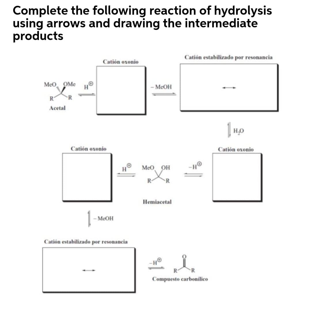 Complete the following reaction of hydrolysis
using arrows and drawing the intermediate
products
Catión estabilizado por resonancia
Catión oxonio
MeO
OMe
- MeOH
R
R
Acetal
Catión oxonio
Catión oxonio
Meo
OH
R-
R
Hemiacetal
MeOH
Catión estabilizado por resonancia
-H®
R
R
Compuesto carbonilico
