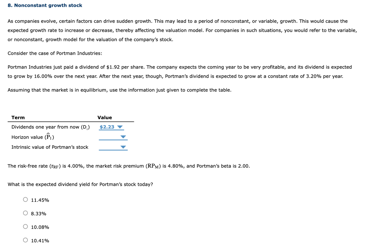 8. Nonconstant growth stock
As companies evolve, certain factors can drive sudden growth. This may lead to a period of nonconstant, or variable, growth. This would cause the
expected growth rate to increase or decrease, thereby affecting the valuation model. For companies in such situations, you would refer to the variable,
or nonconstant, growth model for the valuation of the company's stock.
Consider the case of Portman Industries:
Portman Industries just paid a dividend of $1.92 per share. The company expects the coming year to be very profitable, and its dividend is expected
to grow by 16.00% over the next year. After the next year, though, Portman's dividend is expected to grow at a constant rate of 3.20% per year.
Assuming that the market is in equilibrium, use the information just given to complete the table.
Term
Dividends one year from now (D₁)
Horizon value (P₁)
Intrinsic value of Portman's stock
The risk-free rate (TRF) is 4.00%, the market risk premium (RPM) is 4.80%, and Portman's beta is 2.00.
What is the expected dividend yield for Portman's stock today?
11.45%
O 8.33%
Value
$2.23
10.08%
O 10.41%