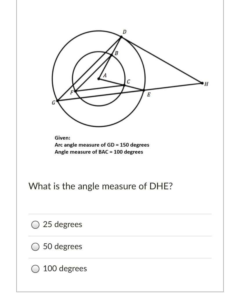 C
E
Given:
Arc angle measure of GD = 150 degrees
Angle measure of BAC = 100 degrees
What is the angle measure of DHE?
25 degrees
50 degrees
O 100 degrees
