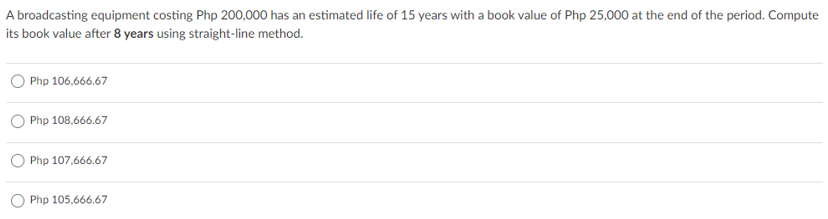 A broadcasting equipment costing Php 200,000 has an estimated life of 15 years with a book value of Php 25,000 at the end of the period. Compute
its book value after 8 years using straight-line method.
Php 106,666.67
Php 108,666.67
Php 107,666.67
Php 105,666.67
