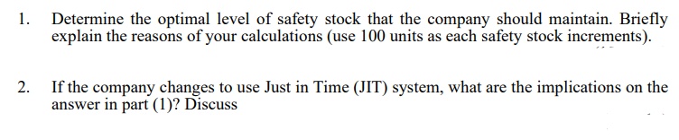 1.
Determine the optimal level of safety stock that the company should maintain. Briefly
explain the reasons of your calculations (use 100 units as each safety stock increments).
2.
If the company changes to use Just in Time (JIT) system, what are the implications on the
answer in part (1)? Discuss