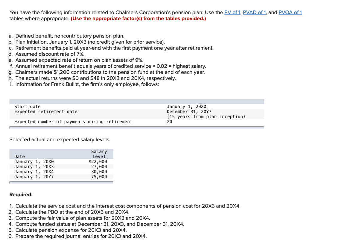 You have the following information related to Chalmers Corporation's pension plan: Use the PV of 1, PVAD of 1, and PVOA of 1
tables where appropriate. (Use the appropriate factor(s) from the tables provided.)
a. Defined benefit, noncontributory pension plan.
b. Plan initiation, January 1, 20X3 (no credit given for prior service).
c. Retirement benefits paid at year-end with the first payment one year after retirement.
d. Assumed discount rate of 7%.
e. Assumed expected rate of return on plan assets of 9%.
f. Annual retirement benefit equals years of credited service × 0.02 × highest salary.
g. Chalmers made $1,200 contributions to the pension fund at the end of each year.
h. The actual returns were $0 and $48 in 20X3 and 20X4, respectively.
i. Information for Frank Bullitt, the firm's only employee, follows:
Start date
Expected retirement date
Expected number of payments during retirement
Selected actual and expected salary levels:
Salary
Level
Date
January 1, 20X0
January 1, 20X3
January 1, 20X4
January 1, 20Y7
$22,000
27,000
30,000
75,000
January 1, 20X0
December 31, 20Y7
(15 years from plan inception)
20
Required:
1. Calculate the service cost and the interest cost components of pension cost for 20X3 and 20X4.
2. Calculate the PBO at the end of 20X3 and 20X4.
5. Calculate pension expense for 20X3 and 20X4.
6. Prepare the required journal entries for 20X3 and 20X4.
3. Compute the fair value of plan assets for 20X3 and 20X4.
4. Compute funded status at December 31, 20X3, and December 31, 20X4.