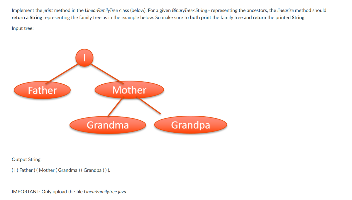 Implement the print method in the LinearFamilyTree class (below). For a given BinaryTree<String> representing the ancestors, the linearize method should
return a String representing the family tree as in the example below. So make sure to both print the family tree and return the printed String.
Input tree:
Father
Mother
Grandma
Grandpa
Output String:
(1( Father ) ( Mother ( Grandma ) ( Grandpa ) ) ).
IMPORTANT: Only upload the file LinearFamilyTree.java
