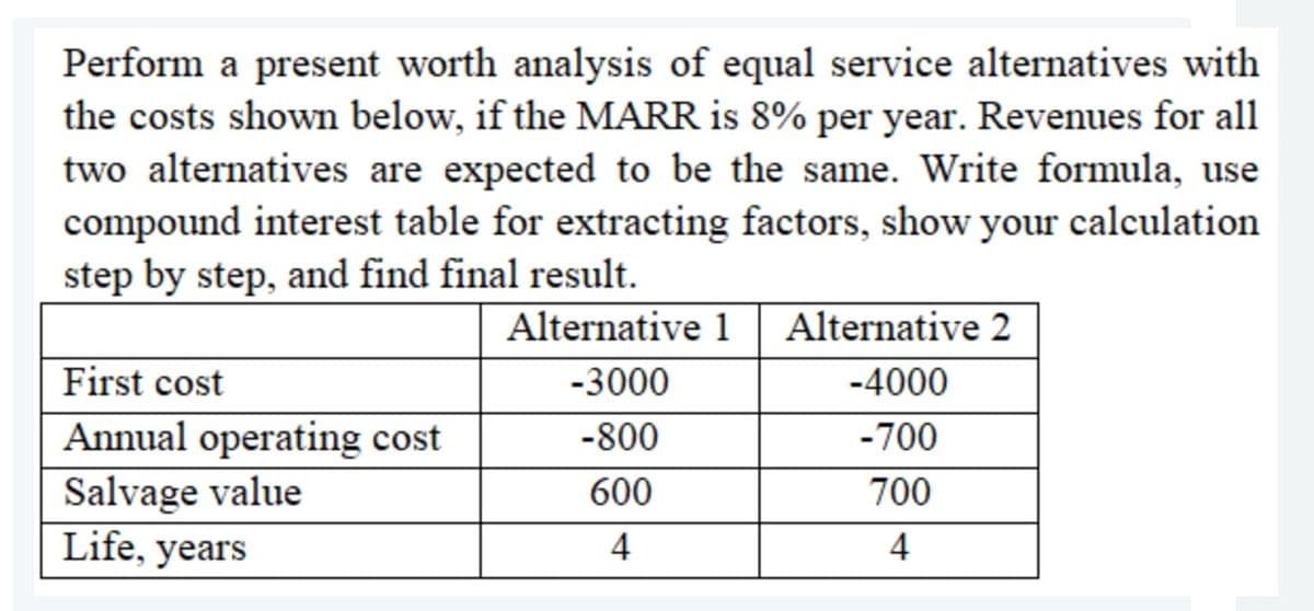 Perform a present worth analysis of equal service alternatives with
the costs shown below, if the MARR is 8% per year. Revenues for all
two alternatives are expected to be the same. Write formula, use
compound interest table for extracting factors, show your calculation
step by step, and find final result.
Alternative 1
Alternative 2
First cost
-3000
-4000
Annual operating cost
Salvage value
Life, years
-800
-700
600
700
4
4
