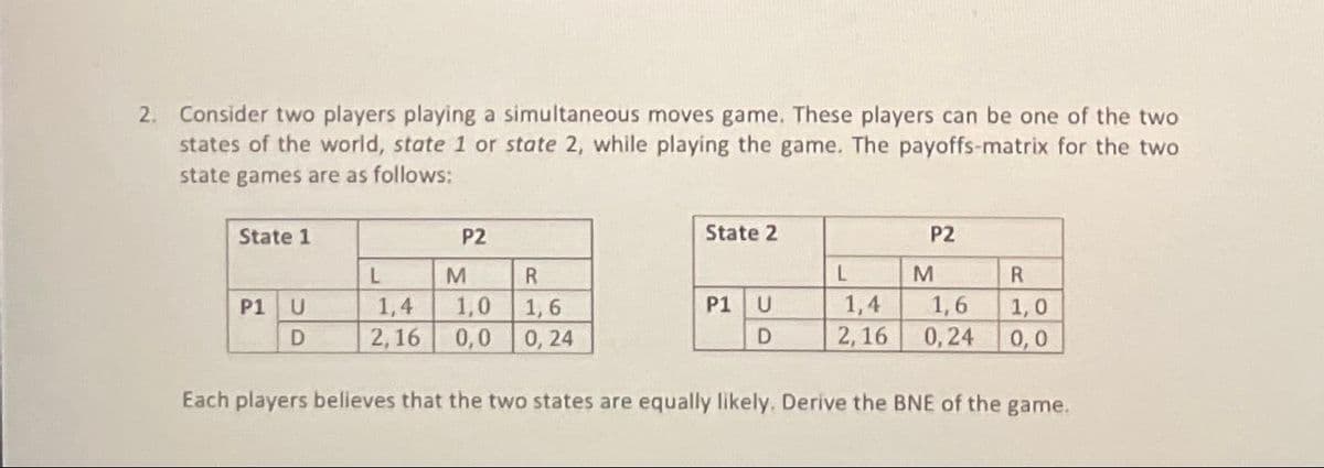 2. Consider two players playing a simultaneous moves game. These players can be one of the two
states of the world, state 1 or state 2, while playing the game. The payoffs-matrix for the two
state games are as follows:
State 1
P1 U
D
P2
L
R
1,4
1,0
1,6
2,16 0,0 0,24
M
State 2
P1 U
D
P2
L
M
R
1,0
1,4 1,6
2,16 0,24 0,0
Each players believes that the two states are equally likely, Derive the BNE of the game.