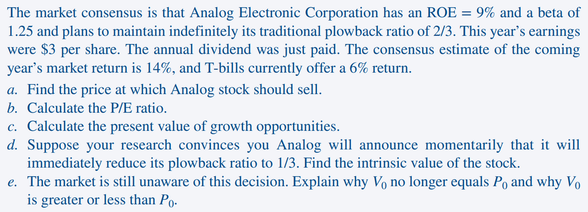 The market consensus is that Analog Electronic Corporation has an ROE = 9% and a beta of
1.25 and plans to maintain indefinitely its traditional plowback ratio of 2/3. This year's earnings
were $3 per share. The annual dividend was just paid. The consensus estimate of the coming
year's market return is 14%, and T-bills currently offer a 6% return.
a. Find the price at which Analog stock should sell.
b. Calculate the P/E ratio.
c. Calculate the present value of growth opportunities.
d. Suppose your research convinces you Analog will announce momentarily that it will
immediately reduce its plowback ratio to 1/3. Find the intrinsic value of the stock.
e. The market is still unaware of this decision. Explain why Vo no longer equals Po and why Vo
is greater or less than Po.