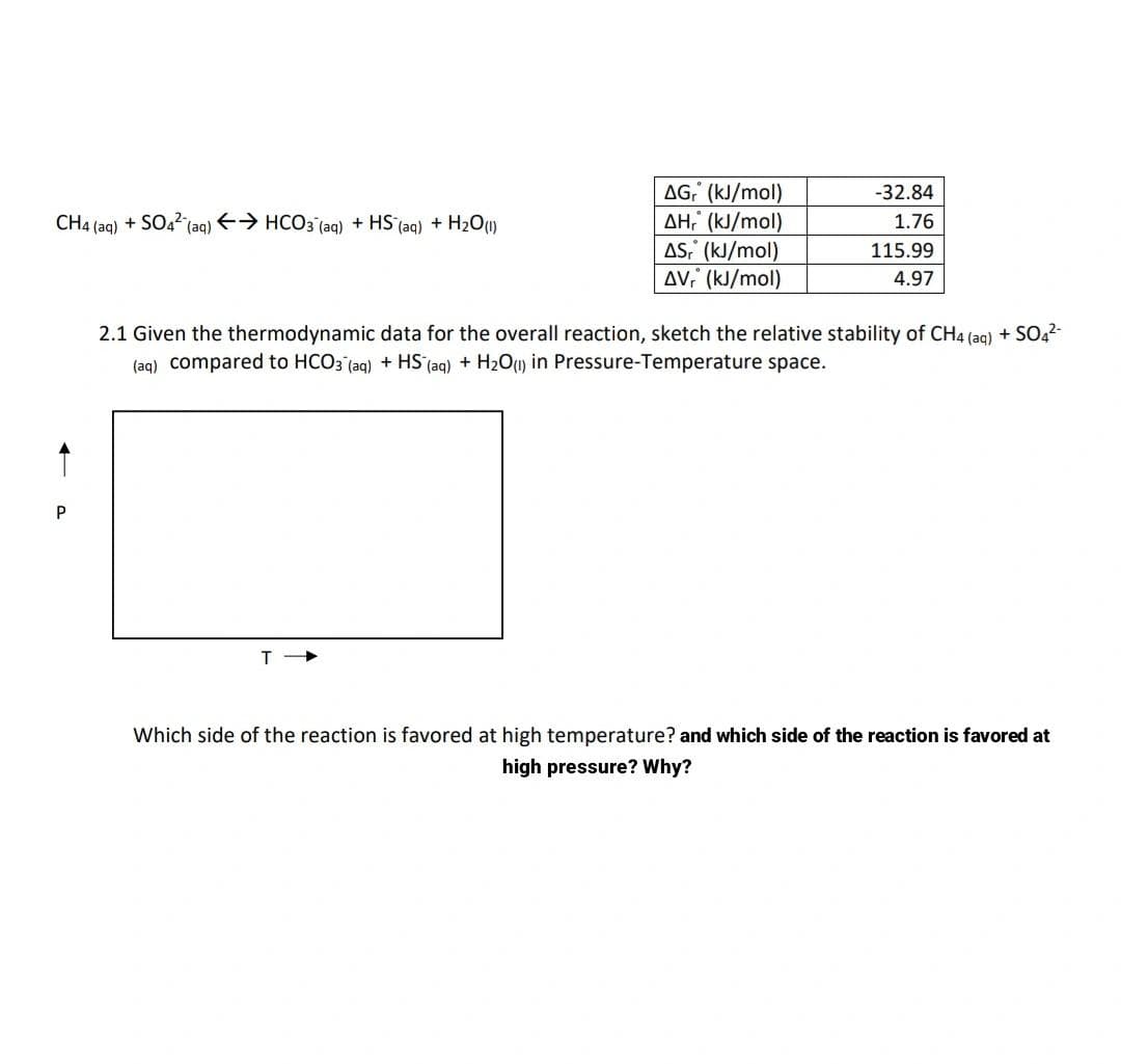 AG; (kJ/mol)
AH; (kJ/mol)
AS; (kJ/mol)
AV; (kJ/mol)
-32.84
CH4 (aq) + SO4? (aq) E> HCO3 (aq) + HS (aq) + H2O)
1.76
115.99
4.97
2.1 Given the thermodynamic data for the overall reaction, sketch the relative stability of CH4 (ag) + S022-
(ag) compared to HCO3 (aq) + HS (aq) + H2OU) in Pressure-Temperature space.
Which side of the reaction is favored at high temperature? and which side of the reaction is favored at
high pressure? Why?
