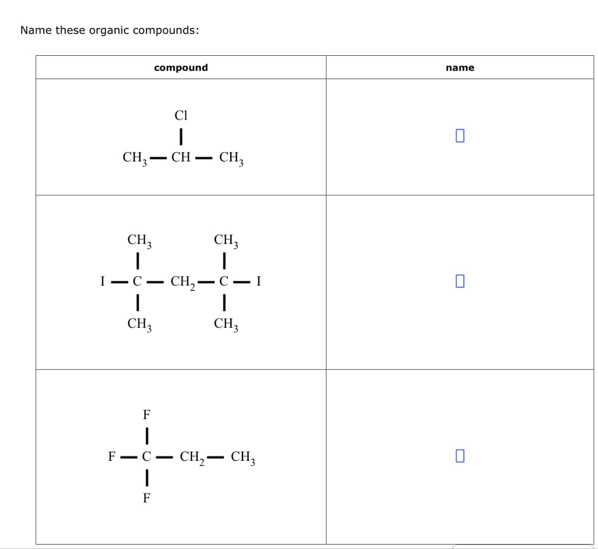 Name these organic compounds:
I
Cl
|
CH₂-CH-
CH3
compound
C-CH₂-
1
CH3
F1C
F-C-
1
F
CH3
CH3
I
C-I
I
CH3
CH₂ CH3
name