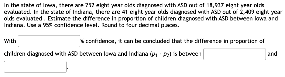 In the state of lowa, there are 252 eight year olds diagnosed with ASD out of 18,937 eight year olds
evaluated. In the state of Indiana, there are 41 eight year olds diagnosed with ASD out of 2,409 eight year
olds evaluated. Estimate the difference in proportion of children diagnosed with ASD between lowa and
Indiana. Use a 95% confidence level. Round to four decimal places.
With
children diagnosed with ASD between lowa and Indiana (P₁-P2) is between
% confidence, it can be concluded that the difference in proportion of
and