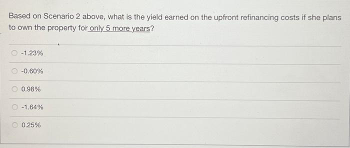 Based on Scenario 2 above, what is the yield earned on the upfront refinancing costs if she plans
to own the property for only 5 more years?
-1.23%
-0.60%
0.98%
-1.64%
0.25%