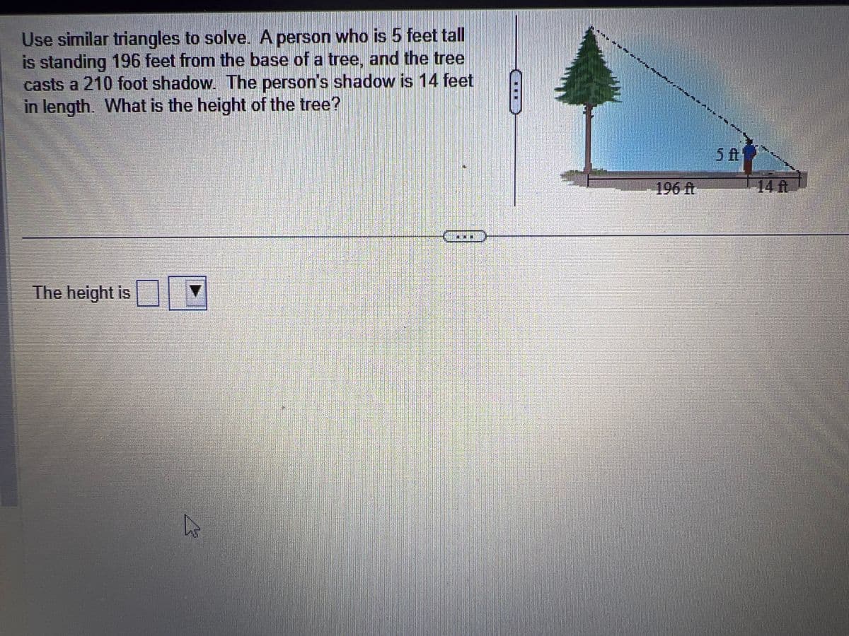 Use similar triangles to solve. A person who is 5 feet tall
is standing 196 feet from the base of a tree, and the tree
casts a 210 foot shadow. The person's shadow is 14 feet
in length. What is the height of the tree?
The height is
196 ft
134
5 ft