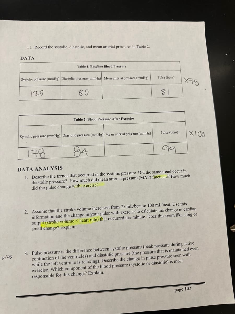 11. Record the systolic, diastolic, and mean arterial pressures in Table 2.
DATA
Table 1. Baseline Blood Pressure
Systolic pressure (mmHg) Diastolic pressure (mmHg) Mean arterial pressure (mmHg)
125
80
Pulse (bpm)
81
Table 2. Blood Pressure After Exercise
Systolic pressure (mmHg) Diastolic pressure (mmHg) Mean arterial pressure (mmHg)
Pulse (bpm)
178
84
99
X75
DATA ANALYSIS
1. Describe the trends that occurred in the systolic pressure. Did the same trend occur in
diastolic pressure? How much did mean arterial pressure (MAP) fluctuate? How much
did the pulse change with exercise?
X100
2. Assume that the stroke volume increased from 75 mL/beat to 100 mL/beat. Use this
information and the change in your pulse with exercise to calculate the change in cardiac
output (stroke volume x heart rate) that occurred per minute. Does this seem like a big or
small change? Explain.
·Dias
3. Pulse pressure is the difference between systolic pressure (peak pressure during active
contraction of the ventricles) and diastolic pressure (the pressure that is maintained even
while the left ventricle is relaxing). Describe the change in pulse pressure seen with
exercise. Which component of the blood pressure (systolic or diastolic) is most
responsible for this change? Explain.
page 102