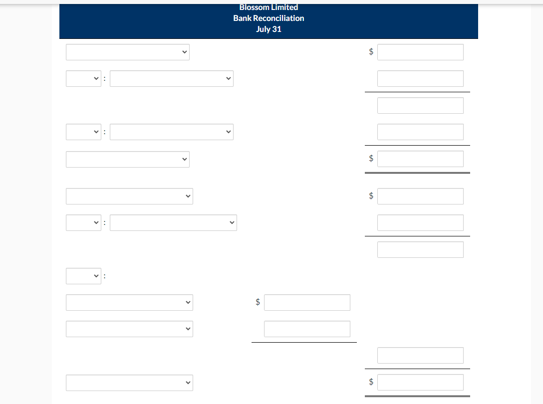 Blossom Limited
Bank Reconciliation
July 31
$
$
$
