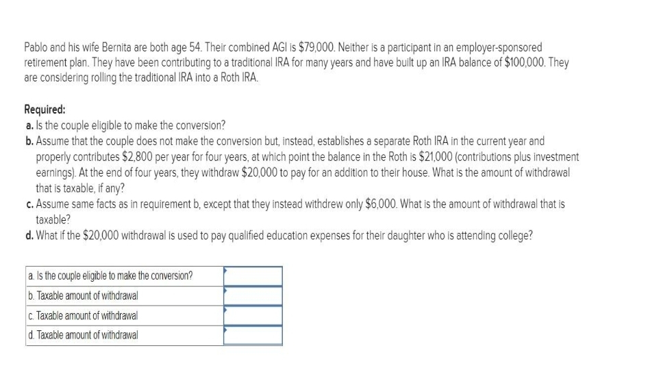 Pablo and his wife Bernita are both age 54. Their combined AGI is $79,000. Neither is a participant in an employer-sponsored
retirement plan. They have been contributing to a traditional IRA for many years and have built up an IRA balance of $100,000. They
are considering rolling the traditional IRA into a Roth IRA.
Required:
a. Is the couple eligible to make the conversion?
b. Assume that the couple does not make the conversion but, instead, establishes a separate Roth IRA in the current year and
properly contributes $2,800 per year for four years, at which point the balance in the Roth is $21,000 (contributions plus investment
earnings). At the end of four years, they withdraw $20,000 to pay for an addition to their house. What is the amount of withdrawal
that is taxable, if any?
c. Assume same facts as in requirement b, except that they instead withdrew only $6,000. What is the amount of withdrawal that is
taxable?
d. What if the $20,000 withdrawal is used to pay qualified education expenses for their daughter who is attending college?
a. Is the couple eligible to make the conversion?
b. Taxable amount of withdrawal
c. Taxable amount of withdrawal
d. Taxable amount of withdrawal