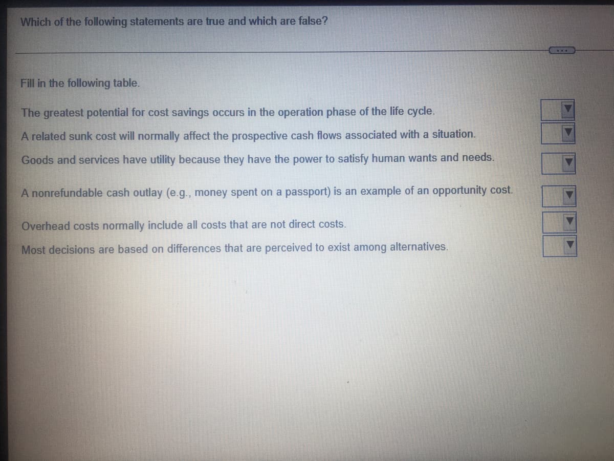 Which of the following statements are true and which are false?
Fill in the following table.
The greatest potential for cost savings occurs in the operation phase of the life cycle.
A related sunk cost will normally affect the prospective cash flows associated with a situation.
Goods and services have utility because they have the power to satisfy human wants and needs.
A nonrefundable cash outlay (e.g., money spent on a passport) is an example of an opportunity cost.
Overhead costs normally include all costs that are not direct costs.
Most decisions are based on differences that are perceived to exist among alternatives.
