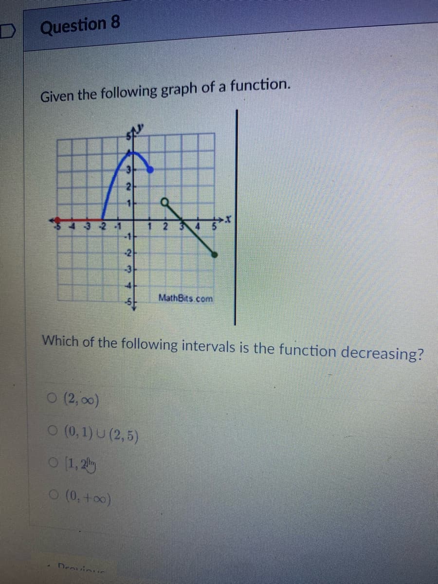 D
Question 8
Given the following graph of a function.
321
2
1
-11
-2
-3
4
Drovicuc
0 (2,00)
O (0, 1) U (2,5)
O [1, 2
0 (0, +∞0)
1
2
3 4
Which of the following intervals is the function decreasing?
MathBits.com