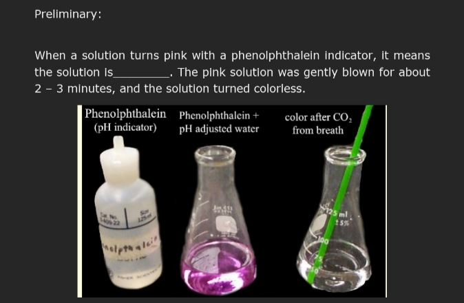 Preliminary:
When a solution turns pink with a phenolphthalein indicator, it means
the solution is
_. The pink solution was gently blown for about
2 - 3 minutes, and the solution turned colorless.
Phenolphthalein
(pH indicator)
1409 22
125
Phenolphthalein +
pH adjusted water
Jm.311
KER
color after CO₂
from breath
125 ml
15%