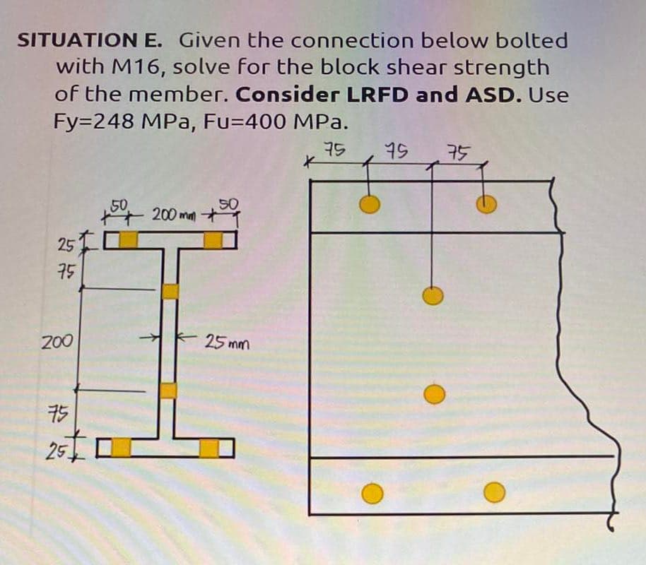 SITUATION E. Given the connection below bolted
with M16, solve for the block shear strength
of the member. Consider LRFD and ASD. Use
Fy=248 MPa, Fu=400 MPa.
25
75
200
75
251
+50
200mm
50
25mm
*
75
75
75