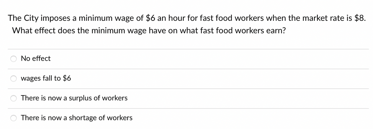 The City imposes a minimum wage of $6 an hour for fast food workers when the market rate is $8.
What effect does the minimum wage have on what fast food workers earn?
No effect
wages fall to $6
There is now a surplus of workers
There is now a shortage of workers
