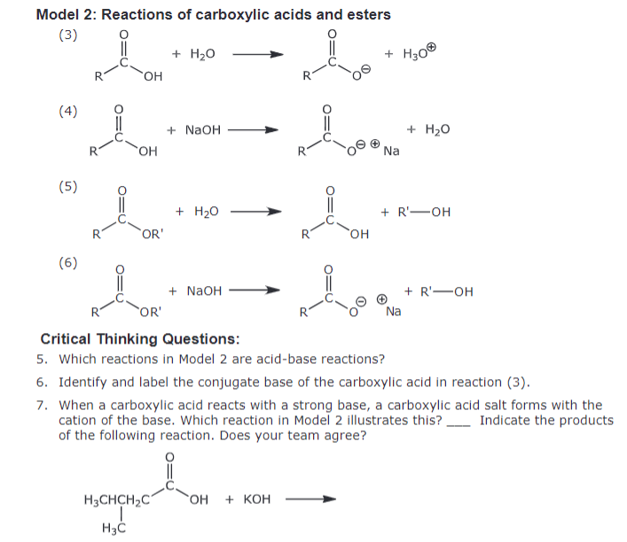 Model 2: Reactions of carboxylic acids and esters
(3)
(4)
+ H₂O
OH
(5)
OH
(6)
'OR'
OR'
+
H3O®
+ NaOH
+ H₂O
Na
+ H₂O
+ R'―OH
OH
+ NaOH
+ R'-OH
Na
Critical Thinking Questions:
5. Which reactions in Model 2 are acid-base reactions?
6. Identify and label the conjugate base of the carboxylic acid in reaction (3).
7. When a carboxylic acid reacts with a strong base, a carboxylic acid salt forms with the
cation of the base. Which reaction in Model 2 illustrates this? _ Indicate the products
of the following reaction. Does your team agree?
H3CHCH2C
H3C
OH + KOH