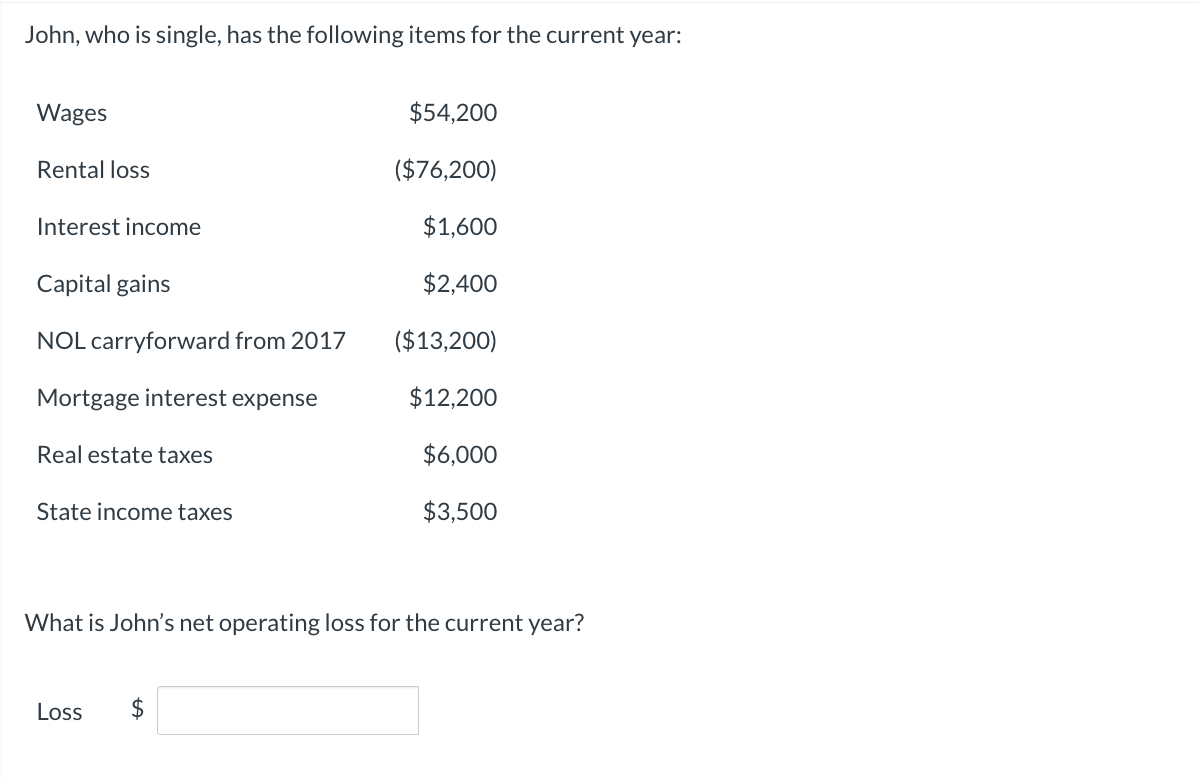 John, who is single, has the following items for the current year:
Wages
Rental loss
Interest income
Capital gains
NOL carryforward from 2017
Mortgage interest expense
Real estate taxes
State income taxes
$54,200
($76,200)
$1,600
$2,400
($13,200)
$12,200
$6,000
$3,500
What is John's net operating loss for the current year?
Loss