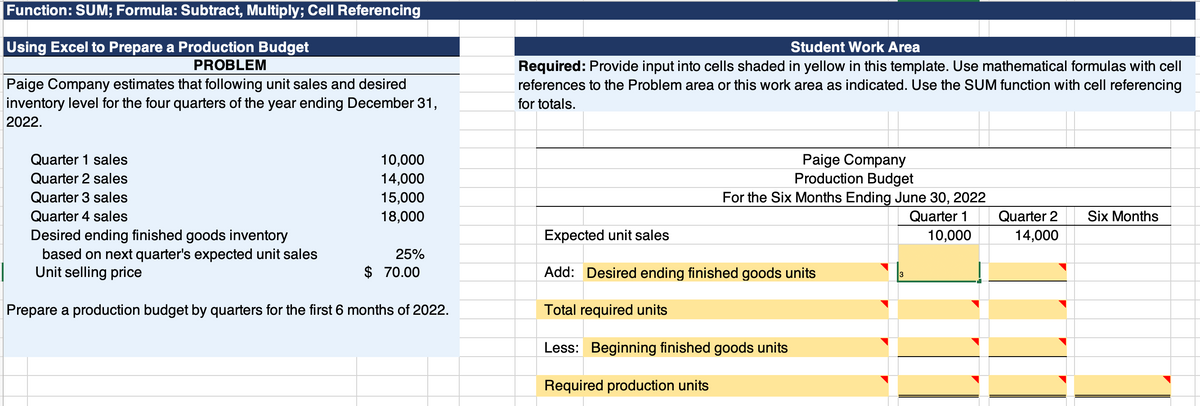 Function: SUM; Formula: Subtract, Multiply; Cell Referencing
Using Excel to Prepare a Production Budget
PROBLEM
Paige Company estimates that following unit sales and desired
inventory level for the four quarters of the year ending December 31,
2022.
Quarter 1 sales
Quarter 2 sales
Quarter 3 sales
Quarter 4 sales
Desired ending finished goods inventory
based on next quarter's expected unit sales
Unit selling price
10,000
14,000
15,000
18,000
25%
$ 70.00
Prepare a production budget by quarters for the first 6 months of 2022.
Student Work Area
Required: Provide input into cells shaded in yellow in this template. Use mathematical formulas with cell
references to the Problem area or this work area as indicated. Use the SUM function with cell referencing
for totals.
Paige Company
Production Budget
For the Six Months Ending June 30, 2022
Quarter 1
10,000
Expected unit sales
Add: Desired ending finished goods units
Total required units
Less: Beginning finished goods units
Required production units
3
Quarter 2
14,000
Six Months