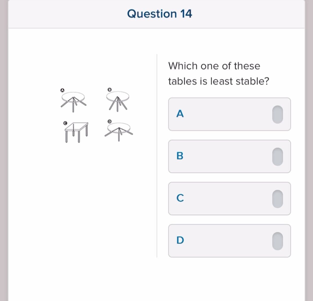 Œ Œ
O
Question 14
Which one of these
tables is least stable?
A
B
C
D