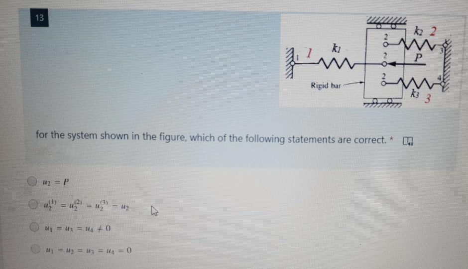 k 2
13
ki
Rigid bar
k3 3
for the system shown in the figure, which of the following statements are correct. *
u2 = P
%3D
!!
u = u2 = U3 = U4 = 0
