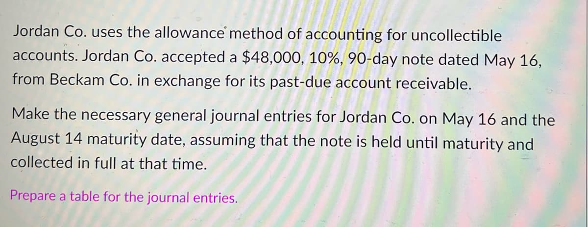 Jordan Co. uses the allowance method of accounting for uncollectible
accounts. Jordan Co. accepted a $48,000, 10%, 90-day note dated May 16,
from Beckam Co. in exchange for its past-due account receivable.
Make the necessary general journal entries for Jordan Co. on May 16 and the
August 14 maturity date, assuming that the note is held until maturity and
collected in full at that time.
Prepare a table for the journal entries.
