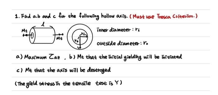 1. Find a.b and c for the following hollow axis. ( Must use Tresca Critetton.)
Mt
Tnner dia meter : ri
Mt
outside diameter : r.
a) Maxrmum Zae, b) Mt that the Thitial yielding wil be initiated
c) Mt that the axīs will be destroged
(The yield stress Th the tensīle test is Y)
