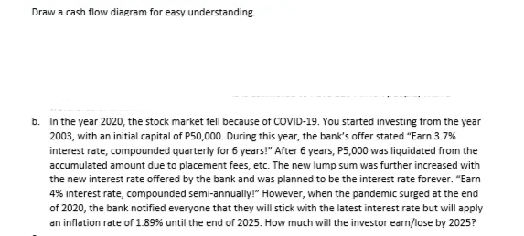 Draw a cash flow diagram for easy understanding.
b. In the year 2020, the stock market fell because of COVID-19. You started investing from the year
2003, with an initial capital of P50,000. During this year, the bank's offer stated "Earn 3.7%
interest rate, compounded quarterly for 6 years!" After 6 years, P5,000 was liquidated from the
accumulated amount due to placement fees, etc. The new lump sum was further increased with
the new interest rate offered by the bank and was planned to be the interest rate forever. "Earn
4% interest rate, compounded semi-annually!" However, when the pandemic surged at the end
of 2020, the bank notified everyone that they will stick with the latest interest rate but will apply
an inflation rate of 1.89% until the end of 2025. How much will the investor earn/lose by 2025?
