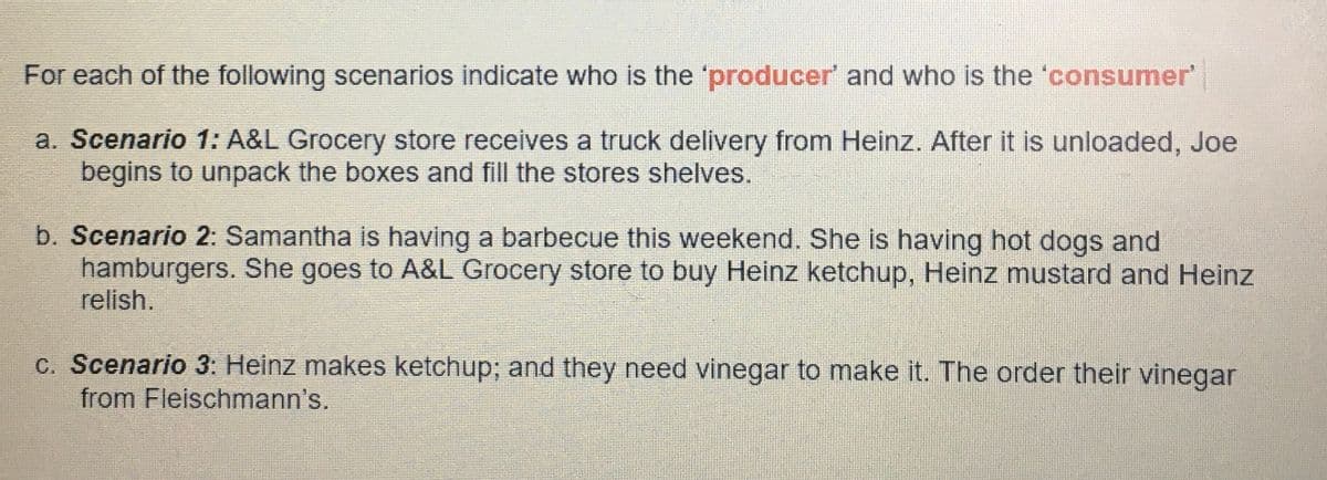 For each of the following scenarios indicate who is the 'producer and who is the 'consumer'
a. Scenario 1: A&L Grocery store receives a truck delivery from Heinz. After it is unloaded, Joe
begins to unpack the boxes and fill the stores shelves.
b. Scenario 2: Samantha is having a barbecue this weekend. She is having hot dogs and
hamburgers. She goes to A&L Grocery store to buy Heinz ketchup, Heinz mustard and Heinz
relish.
c. Scenario 3: Heinz makes ketchup; and they need vinegar to make it. The order their vinegar
from Fleischmann's.