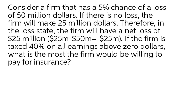 Consider a firm that has a 5% chance of a loss
of 50 million dollars. If there is no loss, the
firm will make 25 million dollars. Therefore, in
the loss state, the firm will have a net loss of
$25 million ($25m-$50m3-$25m). If the firm is
taxed 40% on all earnings above zero dollars,
what is the most the firm would be willing to
pay for insurance?
